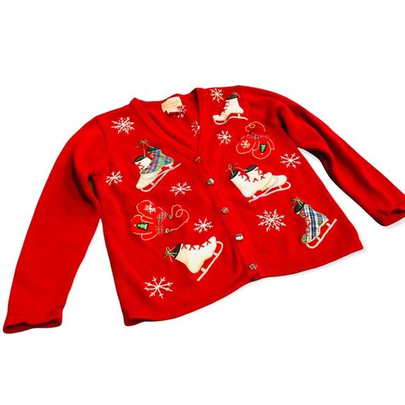 Vintage Ice Skating Christmas Sweater Small Y2K Holiday Cardigan Basic Editions - Picture 2 of 16